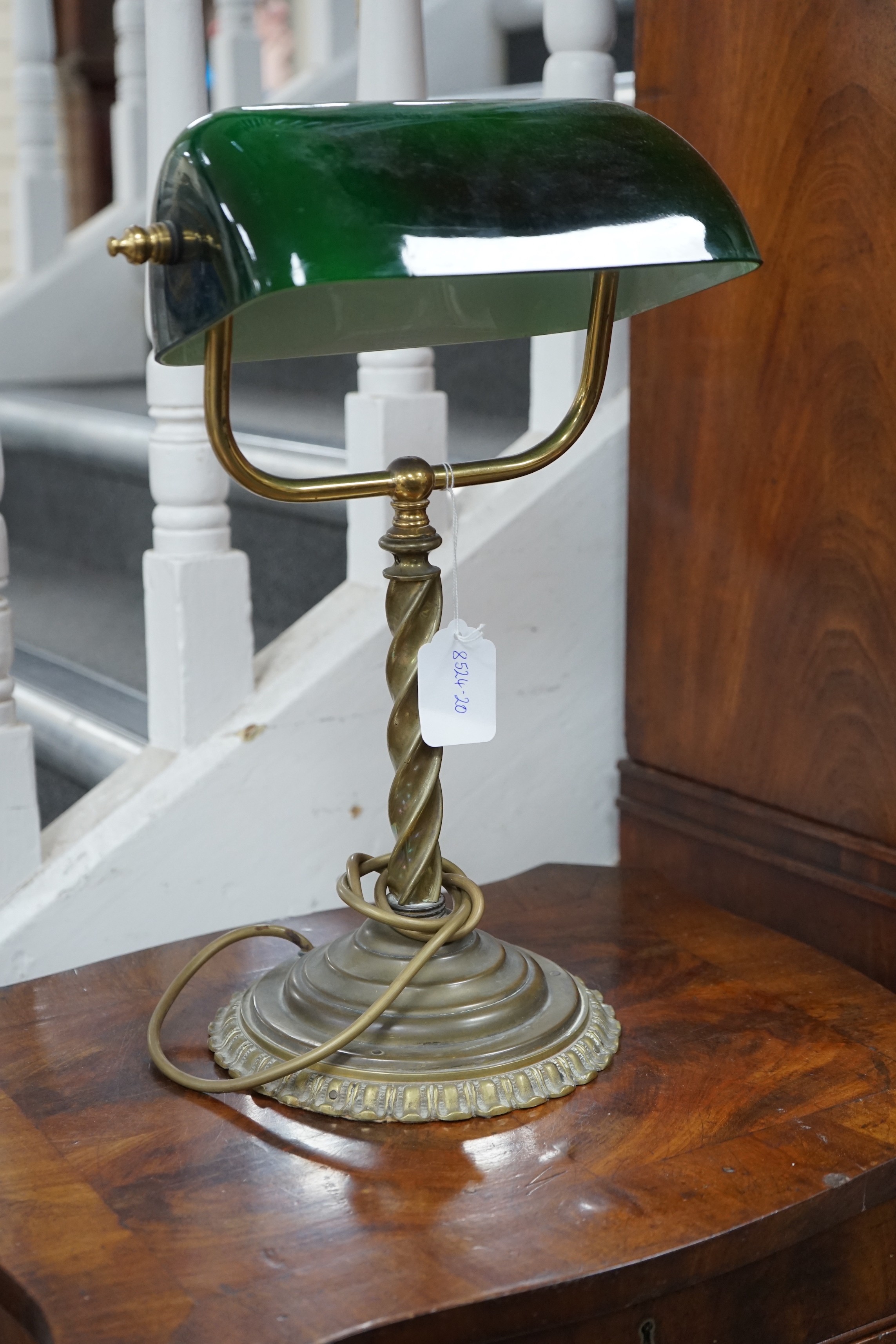 A brass twist stem student’s lamp, 41cm tall